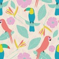 Seamless tropical garden pattern with parrots, toucans, leaves, flowers in pink, blue, yellow, green with etched leaf backg