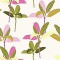Seamless tropical green and pink leaves pattern on light yellow background.