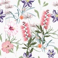 Seamless tropical hibiscus, protea and other exotic flower pattern background.