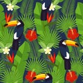 Seamless tropical leaves and flowers - palm, monstera, hibiscus and plumeria, strelitzia reginae and tropical birds. Royalty Free Stock Photo