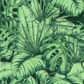 Seamless tropical leaves pattern for fashion textile, black line plant vector illustration