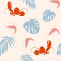 Seamless tropical marine pattern background with lobster, shrimp and tropical palm leaves isolated on light background. Royalty Free Stock Photo