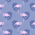 Seamless tropical pastel pattern with pink flamingo silhouettes and monstera leaves exotic leaf and bird repeatable background.