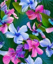 Seamless tropical pattern, beautiful hibiscus and palm leaves