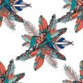 Seamless tropical pattern in coral palm leaves, exotic flowers, humming birds and monstera. Tropical background for textile,
