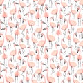 Seamless tropical pattern with cute pink flamingos in the crown. Vector summer hand-drawn illustration of a flamingo for kids, Royalty Free Stock Photo