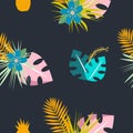 Seamless tropical pattern with flowers and leaves. Herbal design with plants as texture, fabric, clothes. Vector illustration