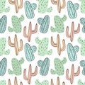 Seamless tropical pattern with green, blue and yellow cacti. Vector summer exotic illustration of a flamingo and a cactus for kids