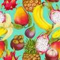 Seamless tropical pattern of hand drawn fresh juicy fruits Royalty Free Stock Photo