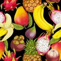 Seamless tropical pattern of hand drawn fresh juicy fruits Royalty Free Stock Photo