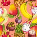 Seamless tropical pattern of hand drawn fresh juicy fruits Royalty Free Stock Photo