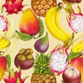Seamless tropical pattern of hand drawn fresh juicy fruits Royalty Free Stock Photo