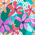 Seamless tropical pattern with hand drawn leaves, flowers. Jungle summer background. Perfect for fabric design, wallpaper, apparel