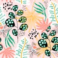 Seamless tropical pattern with hand drawn plants, leaves, flowers. Jungle pink summer background. Perfect for fabric design,