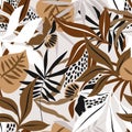 Seamless tropical pattern with hand drawn plants, leaves, textures. Jungle fashion summer background. Perfect for fabric design,