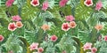 Seamless tropical pattern with hibiscus flowers and leaves. Royalty Free Stock Photo