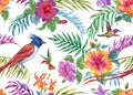 Seamless tropical pattern of hibiscus flowers, palm leaves, orchids and birds, watercolo Royalty Free Stock Photo