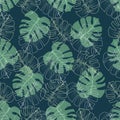 Seamless tropical pattern with leaves monstera line art on a navy blue background