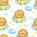 Seamless tropical pattern with a lion. Watercolor cartoon lion savanna animal illustration. Jungle savannah tropical exotic summer Royalty Free Stock Photo