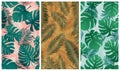 Seamless tropical pattern with monstera leaves and palm tree branches, set of vector summer backgrounds Royalty Free Stock Photo