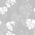 Seamless tropical pattern with monstera palm leaves, and cactus on gray background Royalty Free Stock Photo