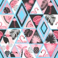 Seamless tropical pattern in patchwork style. Vector trendy background with flamingo, palm leaves