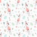 Seamless tropical pattern with pink flamingos, crown, leaves, cacti,monstera.Vector summer hand-drawn illustration of a flamingo Royalty Free Stock Photo