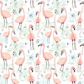 Seamless tropical pattern with pink flamingos on the palm background. Vector summer hand-drawn illustration of a flamingo for kids Royalty Free Stock Photo