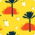 Summer seamless pattern with sun, palms and gulls Royalty Free Stock Photo