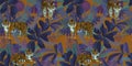 Seamless tropical pattern with tigers and blue leaves Royalty Free Stock Photo