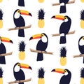 Seamless tropical pattern with toucans and pineapples on white background. Royalty Free Stock Photo