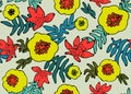 Seamless tropical pattern. Tropical plants and flowers in coral, teal and neon yellow colors. Floral background. Fashion Royalty Free Stock Photo