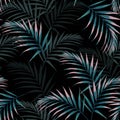 Seamless tropical pattern, vivid tropic foliage, with dark and pink palm leaves.