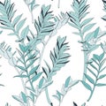 Seamless tropical pattern, vivid tropic foliage, with mint blue exotic zamioculcas leaves. Royalty Free Stock Photo