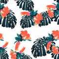 Seamless tropical pattern, vivid tropic foliage, with monstera leaves and orange hibiscus flowers. Royalty Free Stock Photo
