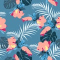 Seamless tropical pattern, vivid tropic foliage, with palm monstera leaves, tropical pink hibiscus flower in bloom. Royalty Free Stock Photo