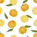 Seamless tropical pattern with yuzu and leaves on white background. Endless repeatable texture with yellow Japanese