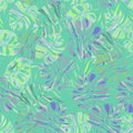 Seamless tropical patterns of hand-drawn motley blue colors monstera deliciosa leaves