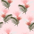 Seamless tropical protea flowers and palm leaves pattern on bright pink background.