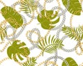 Seamless tropical summer Baroque vector pattern background with golden chains, palm leaves, baroque elments. Royalty Free Stock Photo