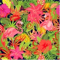 Seamless tropical summery wallpaper with pair of flamingo and exotic floral colorful pattern for fabric, textile, wrapping paper,