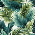 Seamless tropical texture pattern with green palm leaves on a white background. Hawaiian ornament for textiles