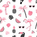 Seamless tropical trendy pattern with watercolor flamingo, watermelon slices and palm leaves. Royalty Free Stock Photo