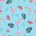 Seamless tropical trendy pattern with watercolor flamingos, watermelon and palm leaves on blue. Royalty Free Stock Photo