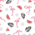 Seamless tropical trendy pattern with watercolor flamingos, watermelon and palm leaves. Royalty Free Stock Photo
