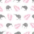 Seamless tropical trendy pattern with watercolor kiwi birds and palm leaves.