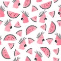 Seamless tropical trendy pattern with watercolor parrots and watermelon. Royalty Free Stock Photo