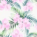 Seamless tropical vector pattern with paradise pink rhododendron flowers and exotic palm leaves on dark blue background. Royalty Free Stock Photo