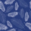 Seamless tropics background. Tropical leaves on a background of zigzag lines in blue.