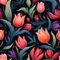 Seamless tulips black background. Leave. Intricate details by Generative AI